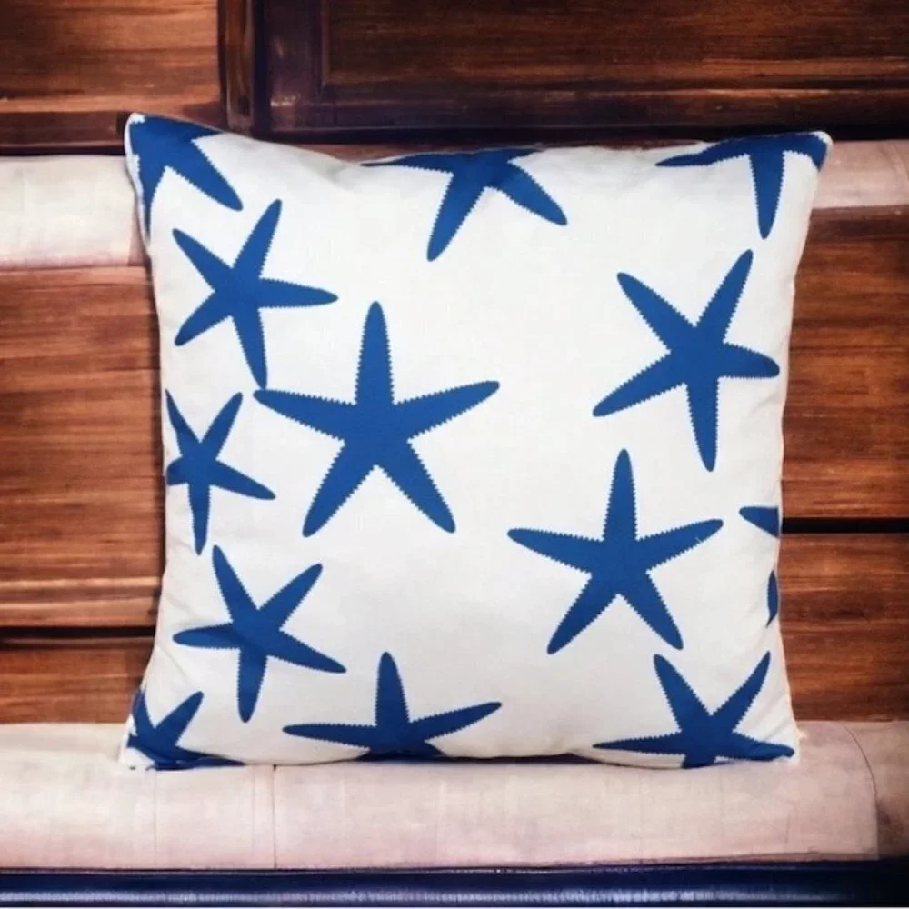 Coastal Starfish Pillow Cover Beach Nautical Square Blue White 17. 7 X 17.7 in